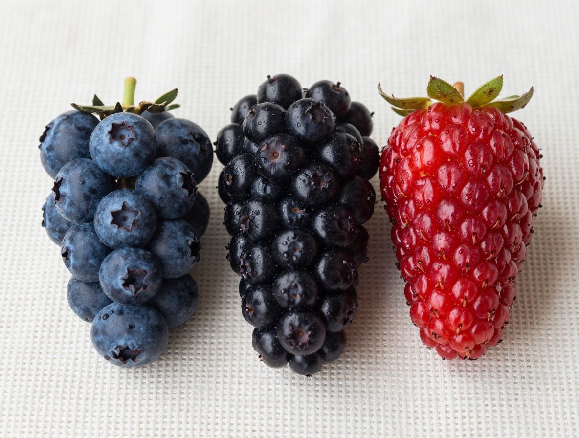 Draufsicht auf dunkle Beeren – Blaubeeren, Brombeeren und Johannisbeeren – auf einem strukturierten Leinenhintergrund, natürliches Licht, reichhaltige Farben