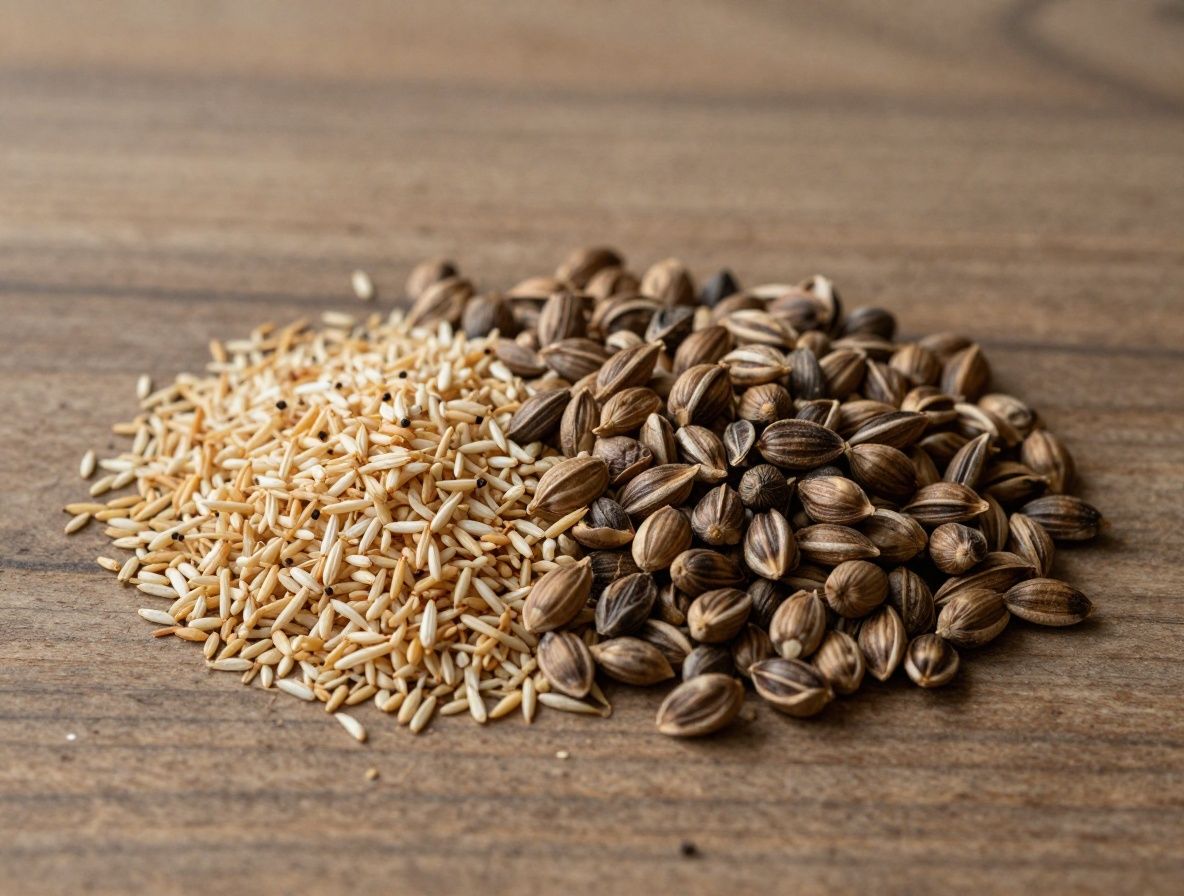 Makroaufnahme von Weizenkeimen und Sonnenblumenkernen auf dunklem Holz – natürliche Energiequellen in dramatischer Beleuchtung, botanisches Stillleben