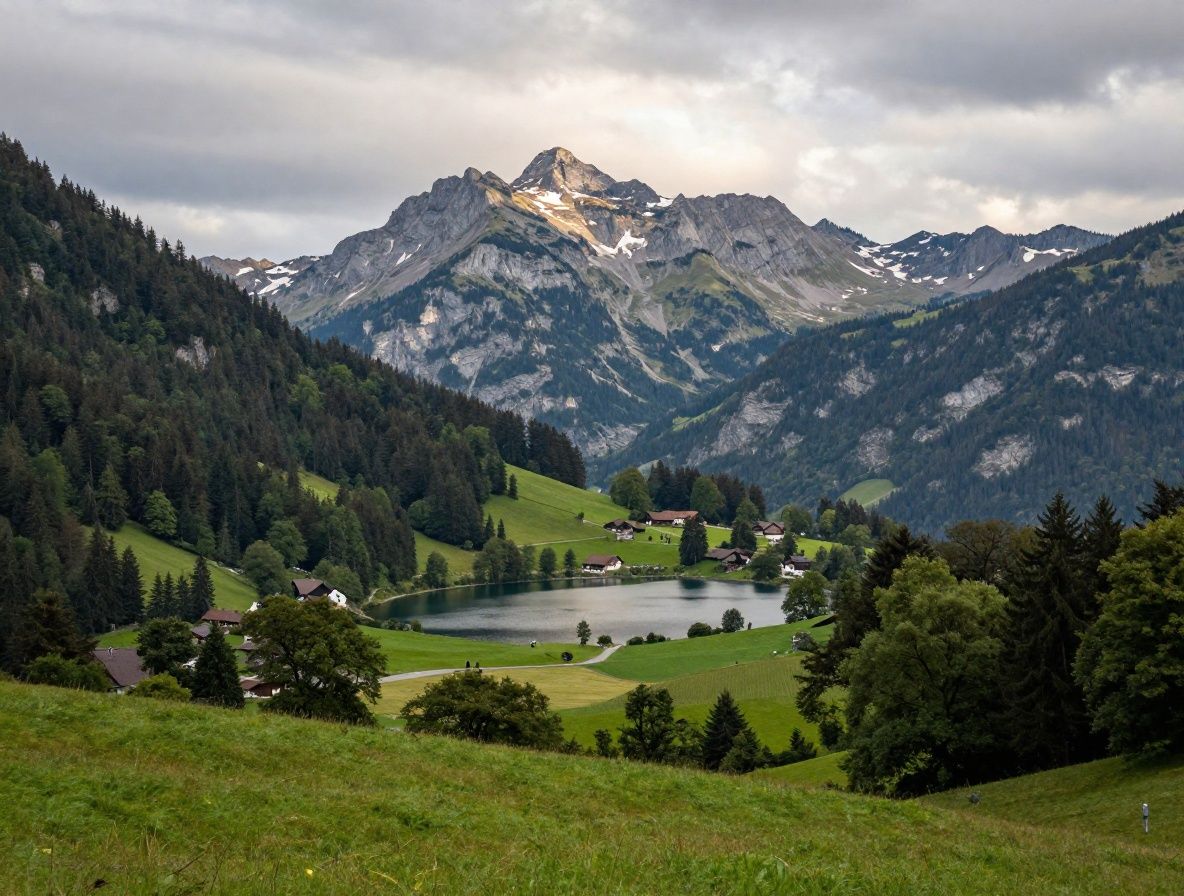Ruhige Naturlandschaft mit weichem Morgenlicht über einem stillen Bergsee, umgeben von dichten Wäldern und Felsen in der Schweiz